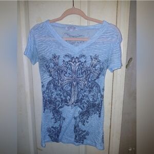 Affliction Women's Light Blue V-Neck Graphic Tee